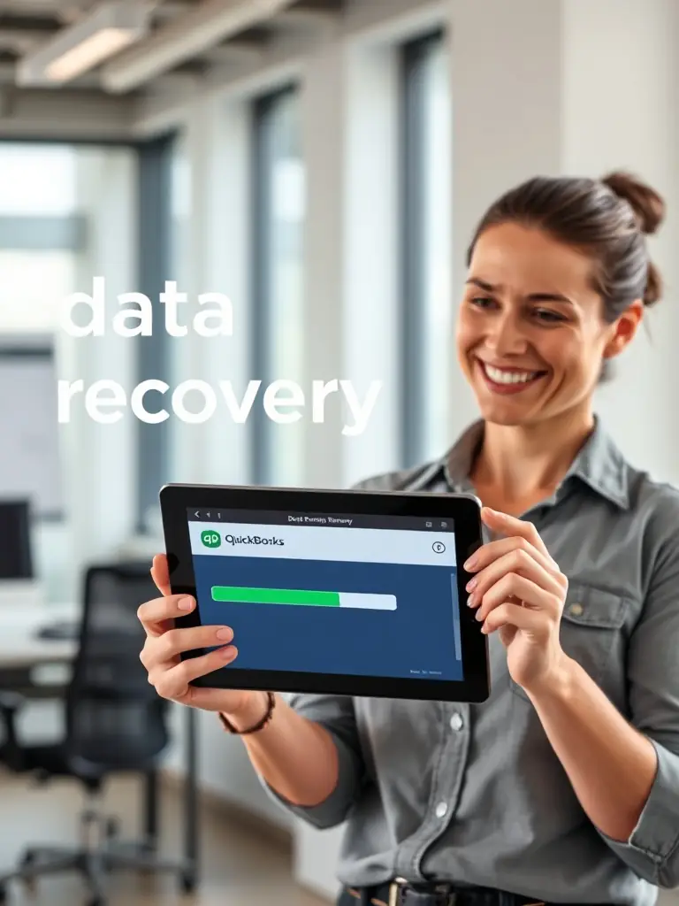 A business owner easily restoring financial records on a tablet, with a progress bar and QuickBooks Online logo, conveying a smooth and fast recovery process.