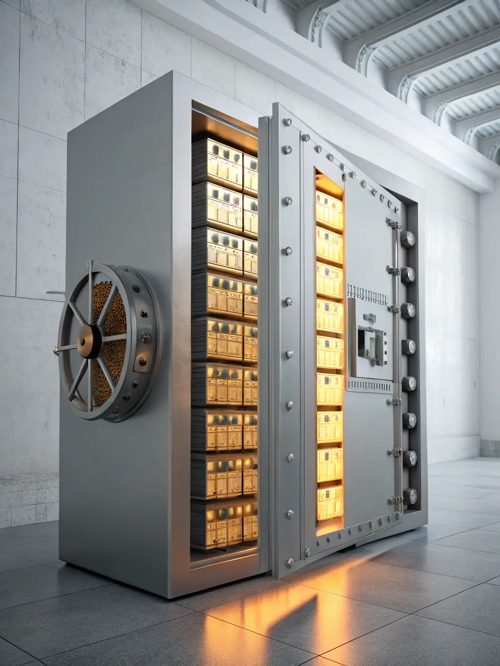 A secure digital vault with encrypted files and a shield icon, representing advanced data protection for sensitive financial records, set against a modern tech background.